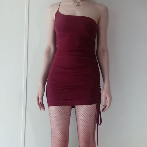 Burgundy Ruched One Shoulder Mini Dress - Picture 2 of 15